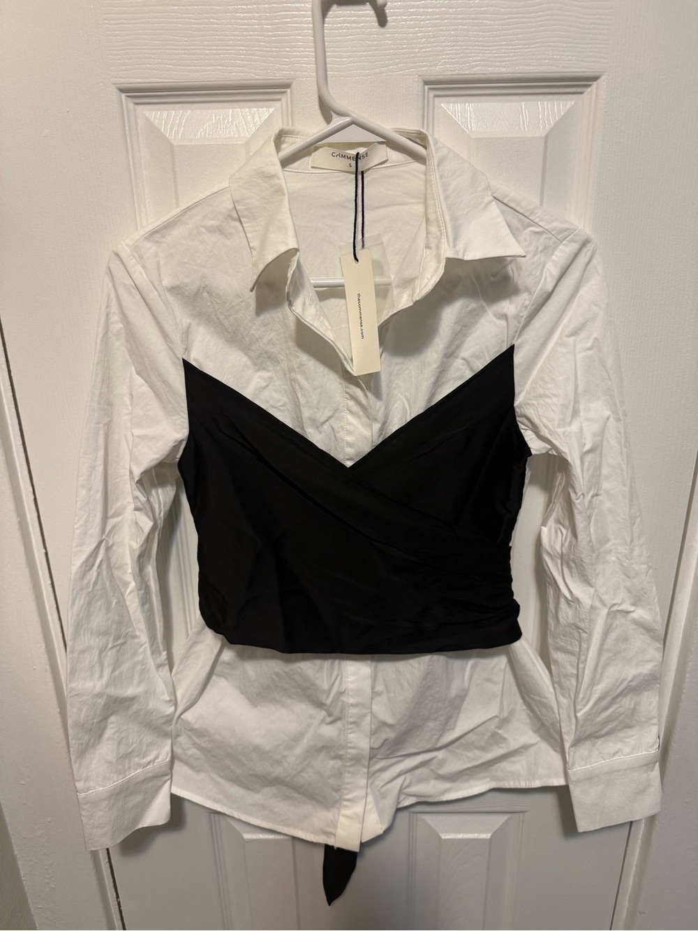 Size S COMMENSE Black & White Wrap Waist Blouse NWT